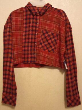 Arizona Red Plaid Patchwork Cropped Long Sleeve Flannel Shirt